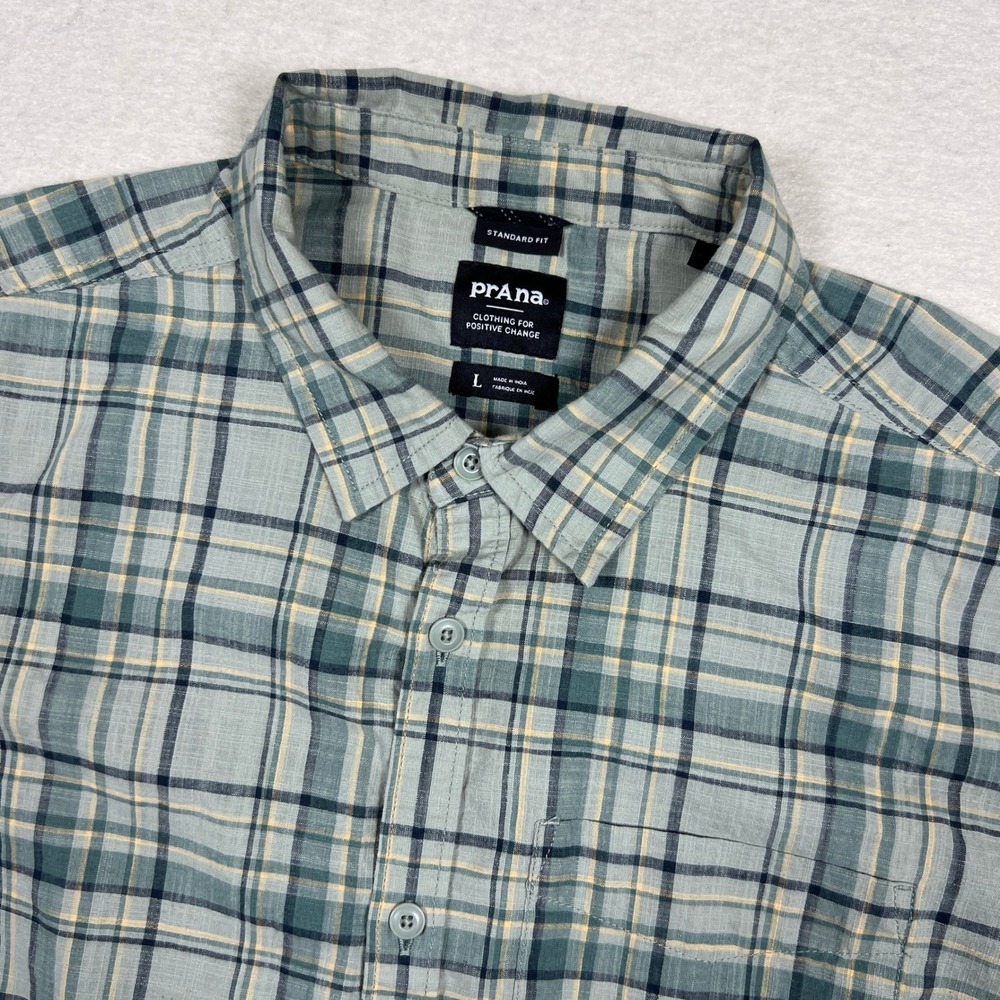 Prana Mens Short Sleeve Plaid Button Up Shirt Size L Lightweight Casual‎